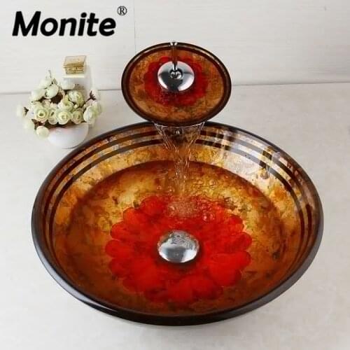 Monite Red flower Tempered Glass Basin Sink Washbasin Faucet Set Counter top Washroom Vessel Vanity Sink Bathroom Mixer