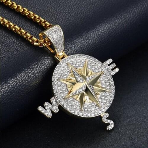 Classic Creative Design Shiny Cubic Zirconia Compass Pendant Tennis Chain Necklace Mens Hip Hop Style Jewelry