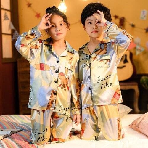 Boys Girls Silk Pajama Sets For Children Animal Cartoon Sleepwear Long Sleeves Pyjamas Kids Autumn Sleep Clothes Nightwear Suit