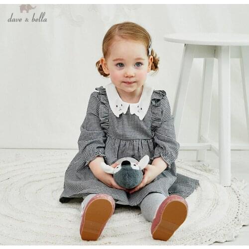 DBZ14562-2 dave bella autumn baby girls fashion plaid ruched dress with a small bag party dress kids infant lolita 2pcs clothes