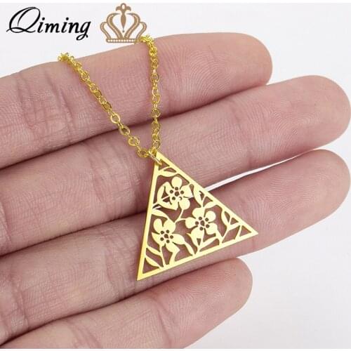 QIMING Retro Geometric Triangle Necklace For Women Tibetan Jewelry Boho Art Deco Pendant Flower Necklace Gifts