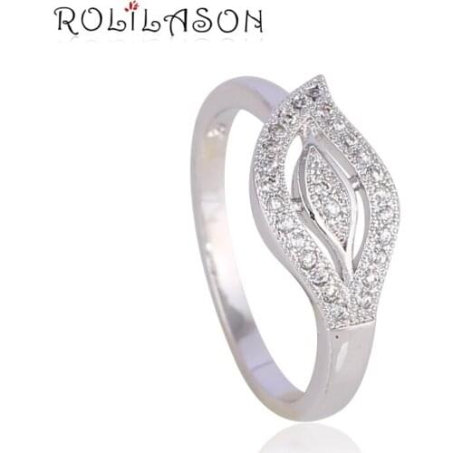 ROLILASON small fresh leaf shape silver color white crystal zircon ring simple wedding dress ladies exclusive JR2097