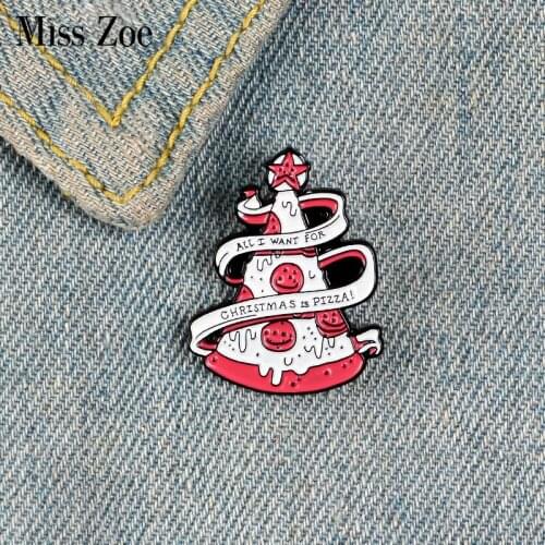 Christmas Pizza Tree Enamel Pin ALL I WANT FOR CHRISTMAS IS PIZZA Brooch Shirt Lapel Bag Fun Badge Cartoon Jewelry Gift Kids