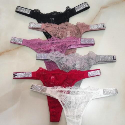 Sexy Lace High Waist Bikini Panties Letter Rhinestone Panties Female G String Panties Pure Cotton Seamless Thong 6 Colors