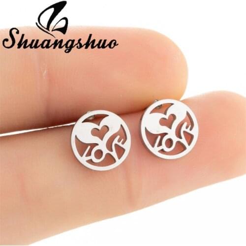 Shuangshuo Romantic Valentines Day Gift Hollow Round Love Heart Stud Earrings for Women Girls Stainless Steel Jewelry Bijoux