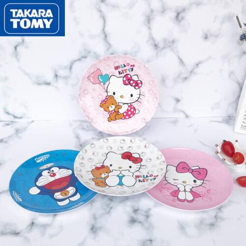 TAKARA TOMY Hello Kitty Cartoon Tray Round Overglaze Snack Tea Tray Fruit Melamine Dinner Tray