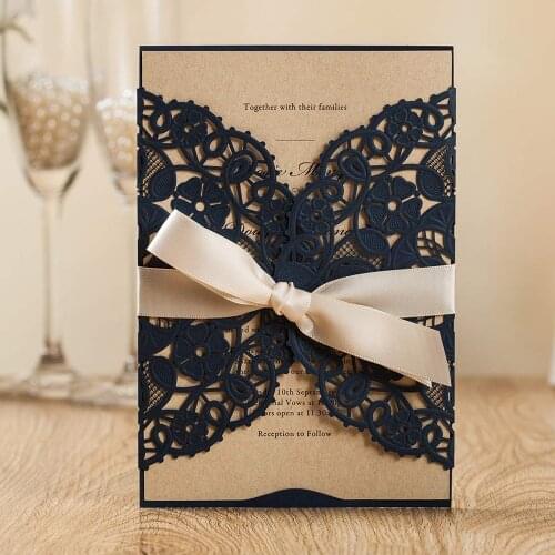WISHMADE White Navy Blue Laser Cut Invites Cards with Floral Wedding Invitations for Birthday Engagement Bridal Shower 50pcs/lot