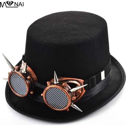 Women Men Steampunk Top Hat With Punk Spikes Glasses Victorian Rivet Goggles Party Cosplay Hats Gothic Accessories
