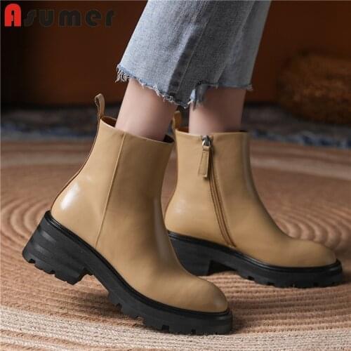 Asumer 2022 New Zipper Ankle Boots Cow Leather Square Heels Autumn Winter Women Boots Ladies Shoes Solid Color Fashion Botas