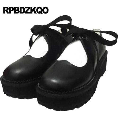 Bow black lace up japanese school round toe women elevator thick sole genuine leather creepers platform shoes lolita wedge 2018