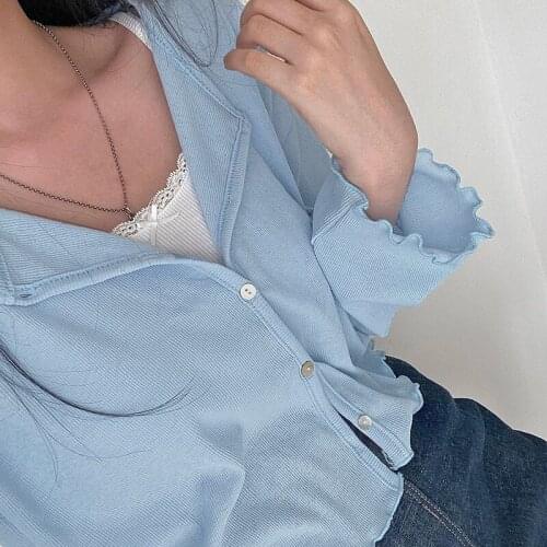 Y2k 2021 Autumn Cardigans Solid Basic Tshirt Single Breasted Long Sleeve Knitted Women Korean Streetwear Transparent Crop Top