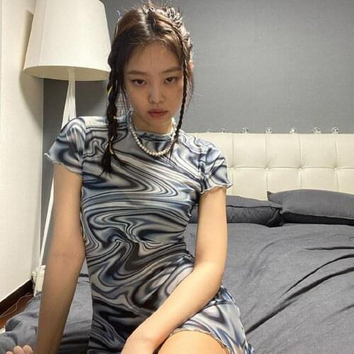 2020 Europe and the United States new personality abstract printing slim slimming short-sleeved short dress