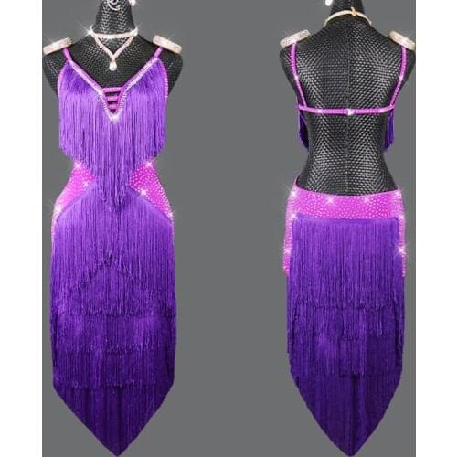 Purple Latin Dance Competition Dress Female Rhinestone Dance Costume Backless Fringe Dress Prom Cha Cha Rumba Clothes DNV15209