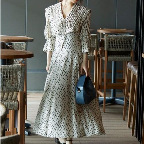 Sweet Elegant Temperament Puff Sleeve Woman Dress Autumn New Arrivals V Neck Drawstring Robe Fairy High Waist Draped Vestidos