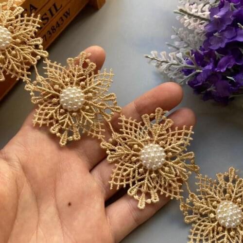 10x Gold Snowflake Pearl Handmade Beaded Flower Embroidered Lace Trim Ribbon Double Layered Applique Dress DIY Sewing Craft 5cm