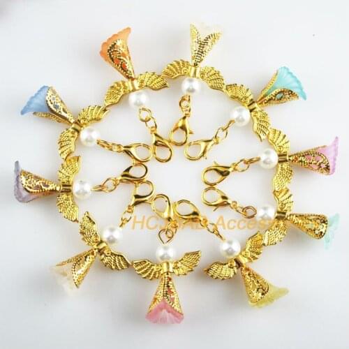 10 New Angel 21x28mm Charms Mixed Flower Acrylic Gold Color Retro With Lobster Claw Clasps