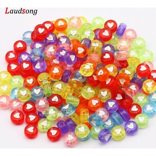 200Pcs 7mm Multicolor Transparent Acrylic Heart Beads Round Flat Spacer Beads For Jewelry Making Handmade Diy Bracelet Necklace