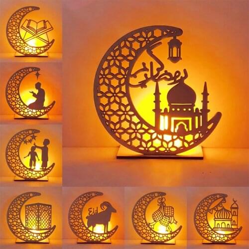 DIY Muslim Ramadan Decoration Moon Wooden Ornament LED Night Light EID Mubarak Craft Suppiles for Bedroom Lighting Holiday Gifts