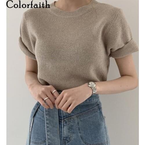 Colorfaith New 2021 Women Summer T-Shirt Bottoming Basic Solid Fashionable Knitted Minimalist Style Korean Wild Lady Tops T2422