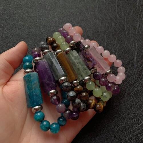 Reiki Stone Section Rectangle Bar Charm Strand Bracelets Natural Amethysts Pink Crystal Kyanites Labradorite Quartz Bracelets