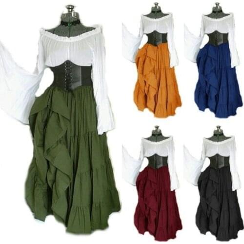 Medieval Gothic Retro Cosplay Costumes Carnival Long Sleeve Pleated Corset Dress Halloween Costumes