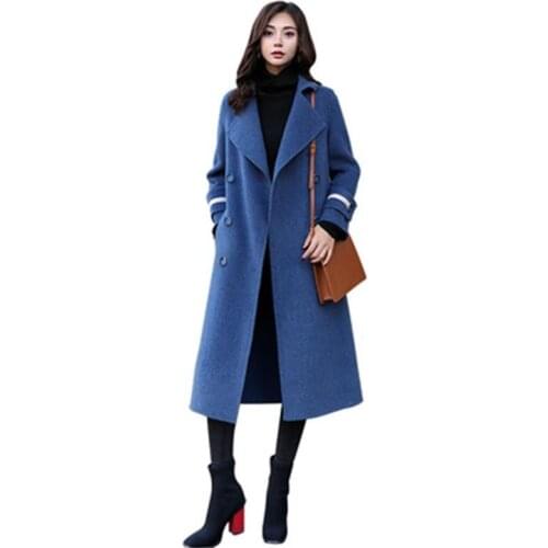 Fashion Wool coat women mid-length autumn and winter new high-quality Double breasted Loose haze blue casual woolen coat women