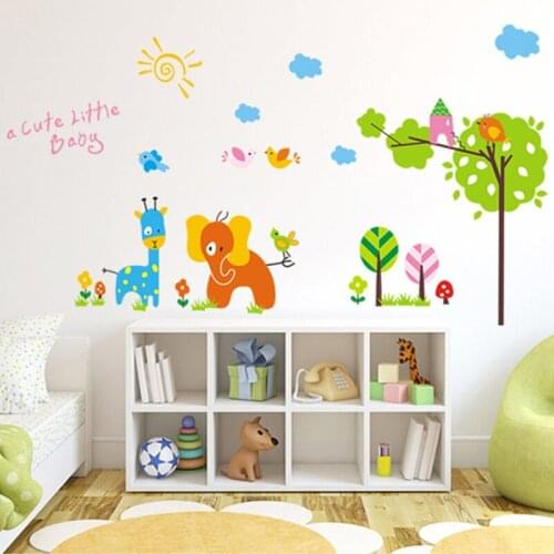 Cartoon Animal Giraffe Elephant Tree Wall Decor Kids Room Decoration Vinyl Mural art Decal Stickers Removable Wallpaper