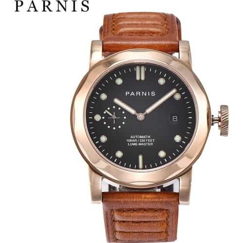 Parnis 43mm Automatic Mechanical Watches Men Cowhide Leather Luminous 10ATM Calendar Wristwatch 2019 gift for man Luxury Brand