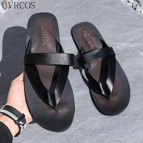 2021 Fahion Mens Black Slippers White Men Casual Shoes Beach Slippers Flats Brown Leather Summer Flip Flops Male Big Size 39-47
