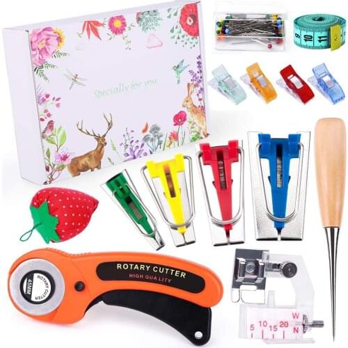 MIUSIE Fabric Bias Tape Makers Kit with Rotary Cutter, Sewing Clips, Sewing Machine Presser Foot, Rotary Cutter for Fabric