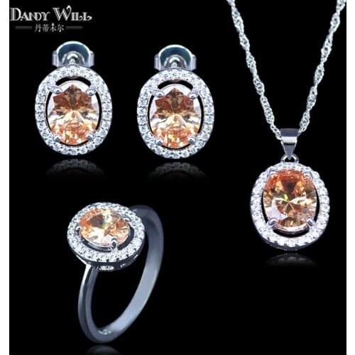 Champagne Zircon Women Bridal Silver Color Jewelry Sets Earring With White Stones Pendants&Necklaces/Rings Set Gift Box