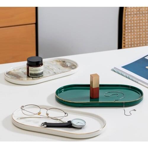 Home And Bathroom Organizer Accessories Gold Inlay Imitation Marble Stripe Ceramic Dish Jewelry Plate Trinket Storage Tray