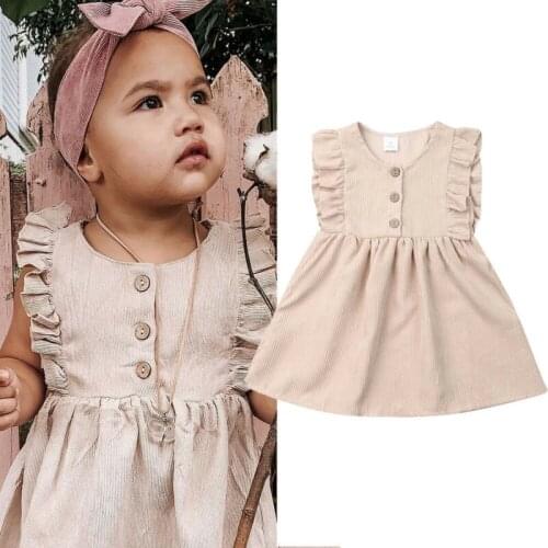 2-6T Cute Baby Girls Dress Solid Beige Button Princess Dresses For Girl Clothes Newborn Baby Girls Summer Dress Kids Clothing