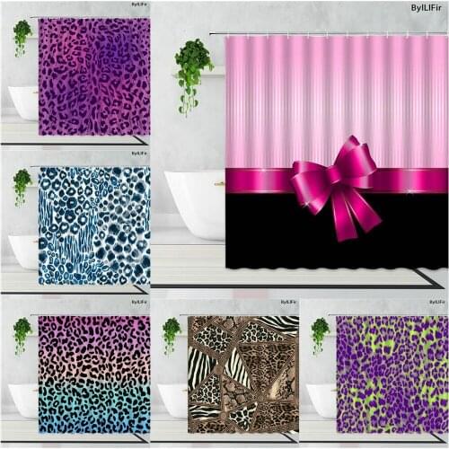 Fashion Art Design Pink Leopard Shower Curtains Color Stripes Print Fabric Girl Gift Bathroom Decor Waterproof Bath Curtain Set