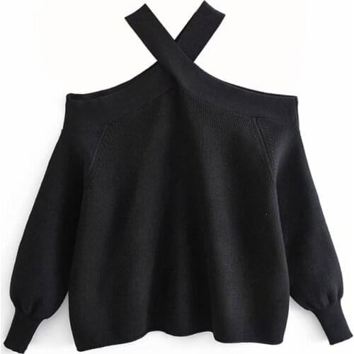 2020 Stylish Halter without shoulder sweater stretchy design long sleeve female chic knitted tops