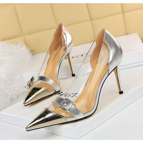 Party Summer Pumps Transparent Pointed Toe Metal belt buckle 8.5CM High Heels Ladies Spring/Autumn Fashion Sexy Club Women Shoes