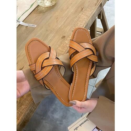 2021 summer ladies sandals new trend fashion Roman style square toe solid color flat slippers non-slip