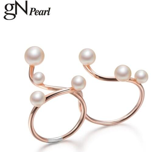 GNpearl Modern Style Genuien White Natural Freshwater Pearl 18K Gold Plate Rings Fine Jewelry for Women Girls Gift