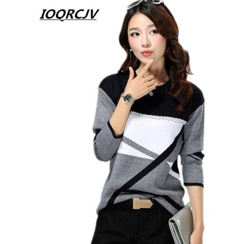 Winter Sweater Women Patchwork Knitted Sweater Pullovers Fashion Long Sleeve O-neck Warm for lady geometric knitted sweater L103