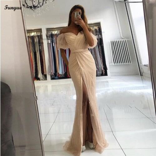 Gold Long Glitter Mermaid Evening Dress 2021 Puff Short Sleeves Sweetheart Split Sequin Sexy Prom Dresses Robe De Soirée Femme