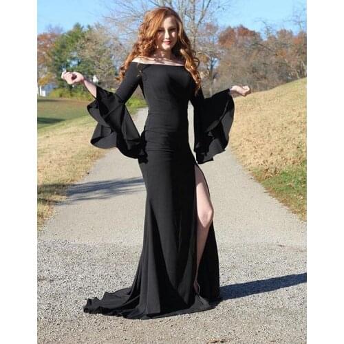 Elegant Mermaid Long Black Prom Dresses with Sleeves Black Floor Length Satin Side Slit Robe De Soiree Formal Party Gown