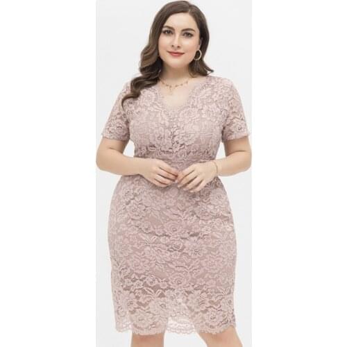 Plus Size Evening Dress 2021 Slim Lace Wrap Hip V Neck Short Sleeve Knee-Length Pink Printing Summer Splicing Fresh And Sweet