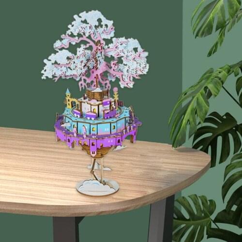 3D Wooden Puzzles DIY City in The Sky Music Box Fun and Educational Model Toys, Birthday Gift for Kids Boys and Girls