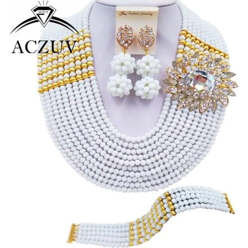 ACZUV 10 Rows White African Wedding Beads Nigerian Jewelry Set Bridal Jewelry Sets 10LBJZ014