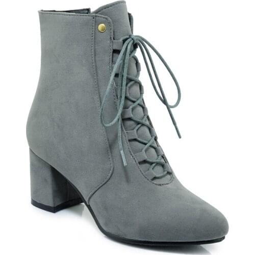 Big Size 9 10 11-17 boots women shoes ankle boots for women ladies boots Cross strap side zipper round head thick heel