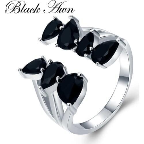 Black Awn Hygerbole 925 Sterling Silver Fine Jewelry Engagement Black Spinel Engagement Open Rings for Women G030
