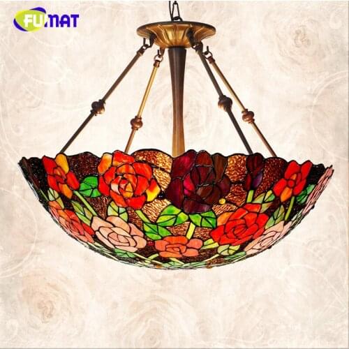 FUMAT Pendant Lamps Rose Stained Glass Shade Hanglamp Romantic Living Room LED Light Home Deco Art Lamp Bedroom Pendant Lights