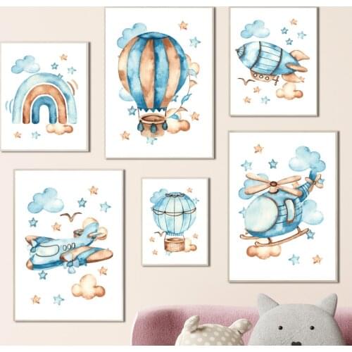 Hot Air Balloon Rocket Helicopter Rainbow Cartoon Art Canvas Painting Nordic Posters And Prints Wall Pictures Kids Room Decor
