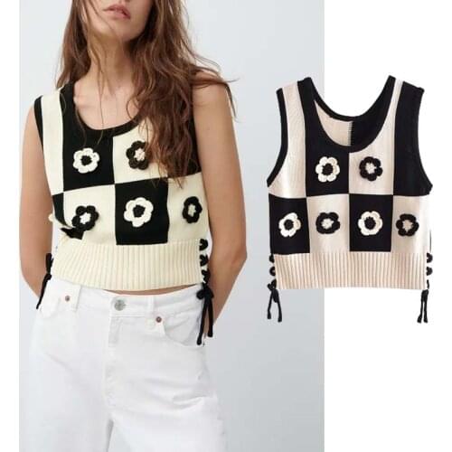 Klkxmyt Za Sweater Vest Women 2021 Fashion Kntted Floral Cropped Vest Sweater Vintage Sleeveless Female Waistcoat Chic Tops
