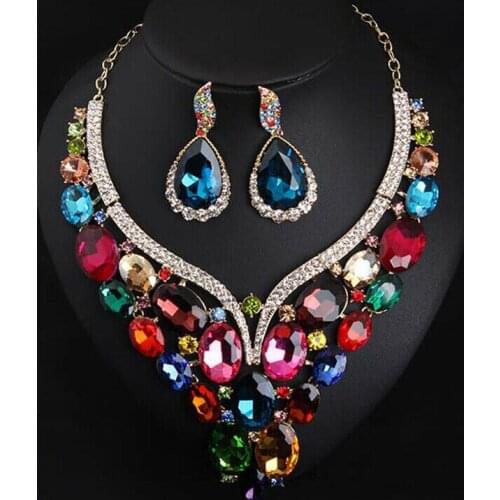 Luxury Crystal Jewelry Set Bridal Water Drop Statement Necklace Earring Fashion Rhinestone Jewelry Sets Women Choker Party Gifts